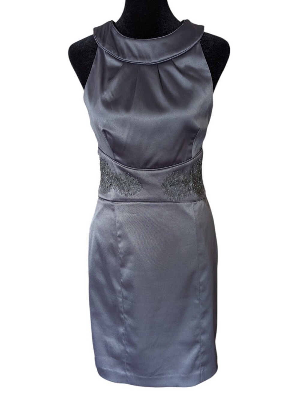 RW&Co Grey Satin Sheath Dress Beaded Accent